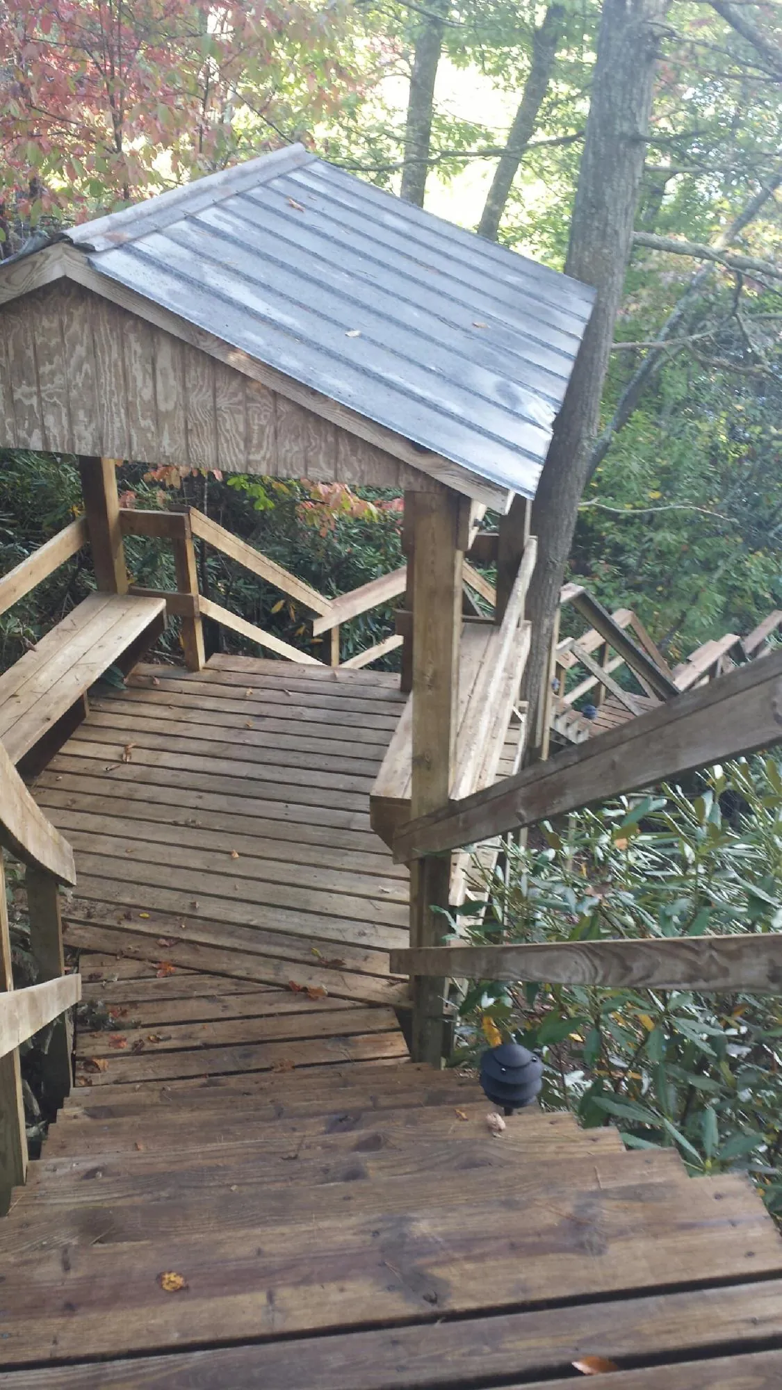 Metal roofed shelter over wooden steps on a wooded walkway — Skylight Repair & Installation work by our crew in Toluca